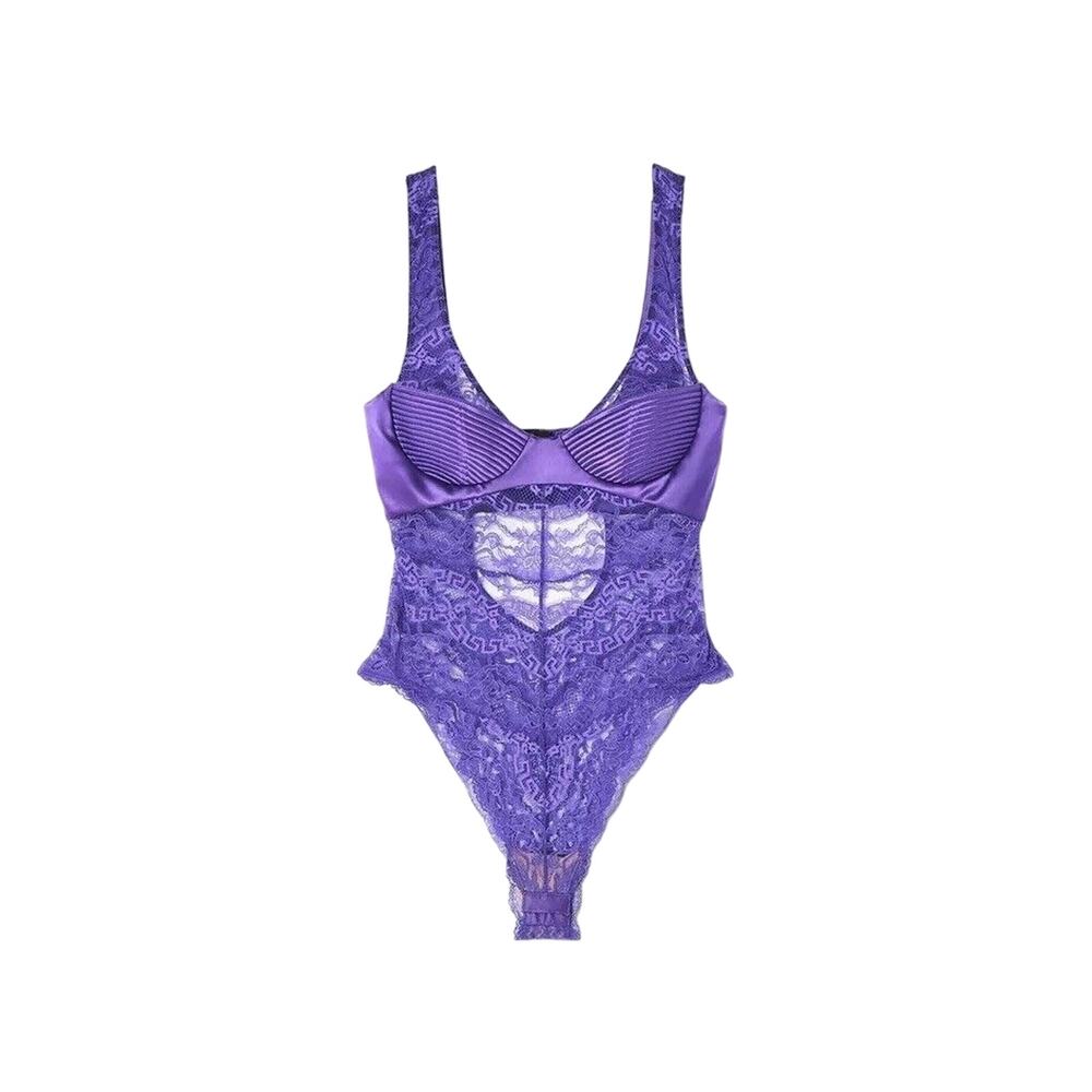 NWT Versace Runway SS23 Bodysuit Size 1C/ 32C/ XS Bustier Satin Lace Purple $875 - Picture 2 of 15
